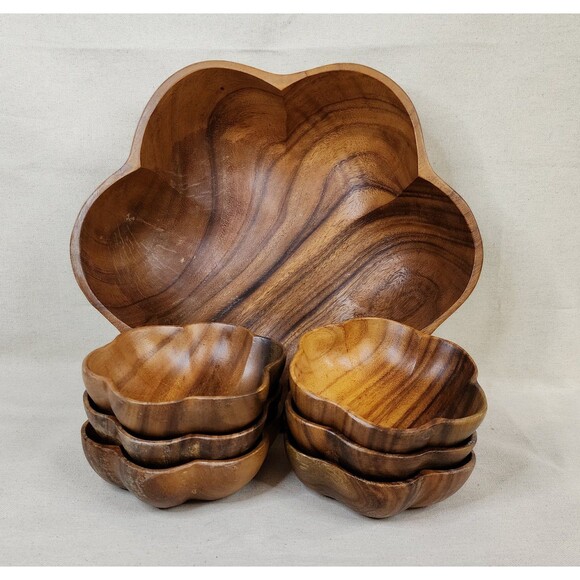 Vintage Monkey Pod Flower-Shaped Salad Bowl Set (Large + 6 Small Bowls) —1970s - Picture 2 of 16